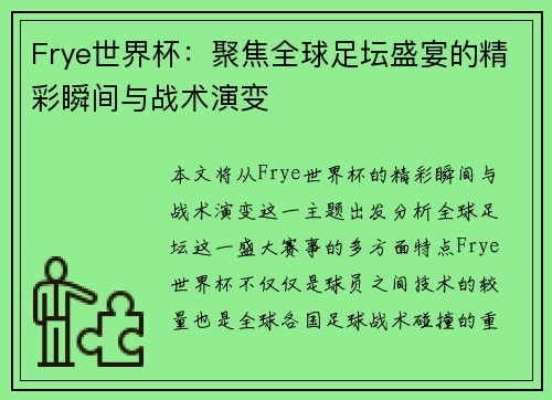 Frye世界杯：聚焦全球足坛盛宴的精彩瞬间与战术演变