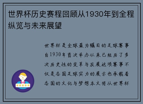 世界杯历史赛程回顾从1930年到全程纵览与未来展望